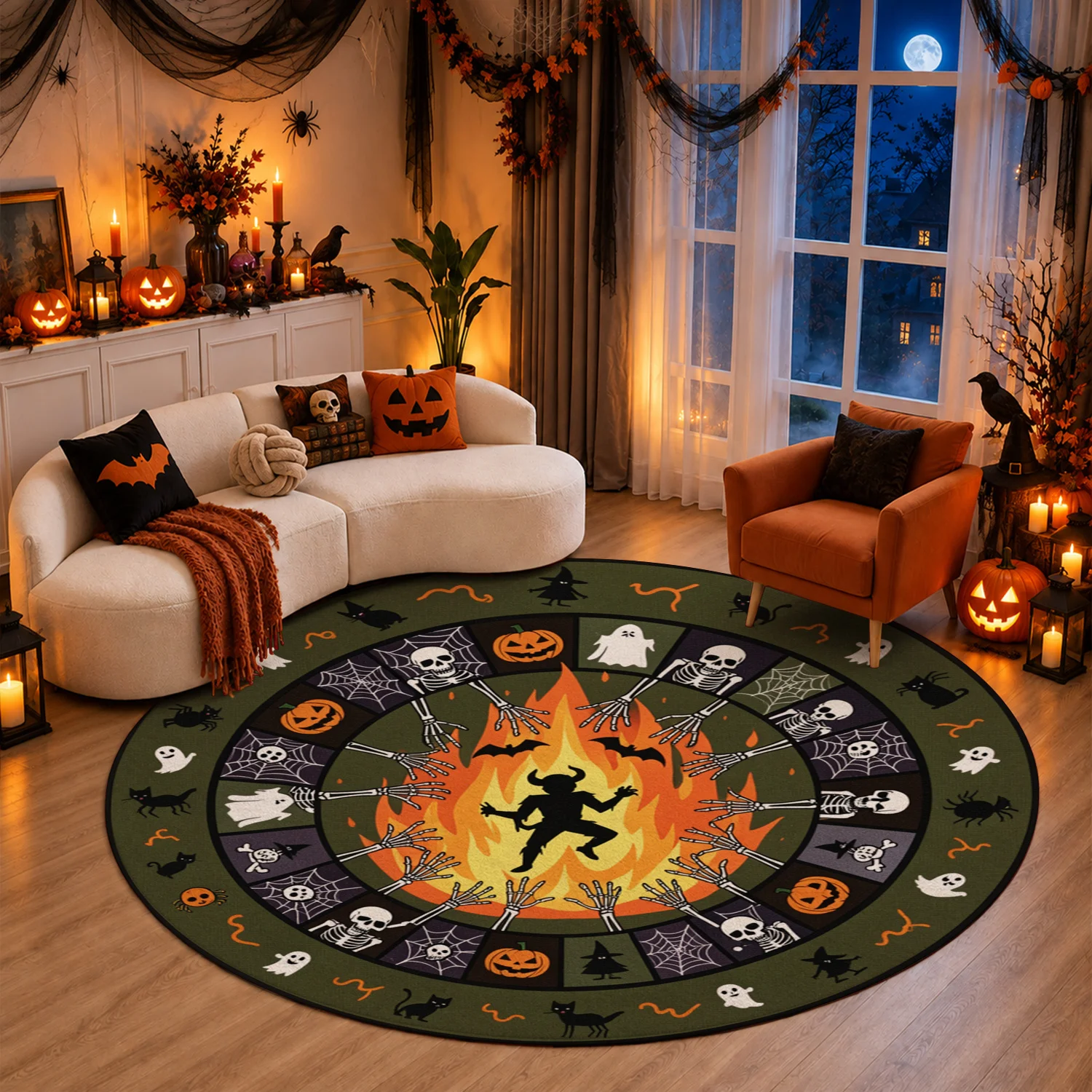 Halloween Themed Spooky Skeleton Pumpkin Ghost Devil Print Round Rug Velvet Machine Washable for Living Room Bedroom Dining Room Entryway Halloween Thanksgiving Black Friday Christmas New Year