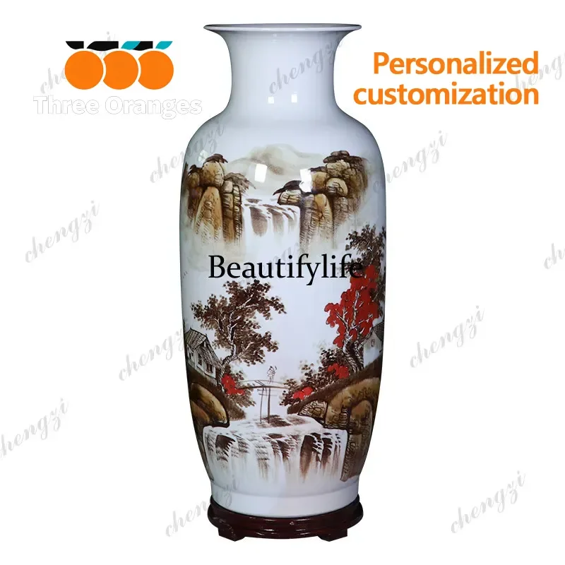 D183 Ceramic hand-painted large vase blue and white landscape living room TV cabinet Chinese floor flower arrangement ornament