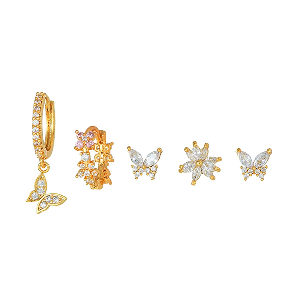 5Pcs Gold Plated Butterfly Earrings Set Women Dainty Cubic Zirconia Flower Stud Huggie Hoop Dangle Earring Pack Y2k Jewelry Gift