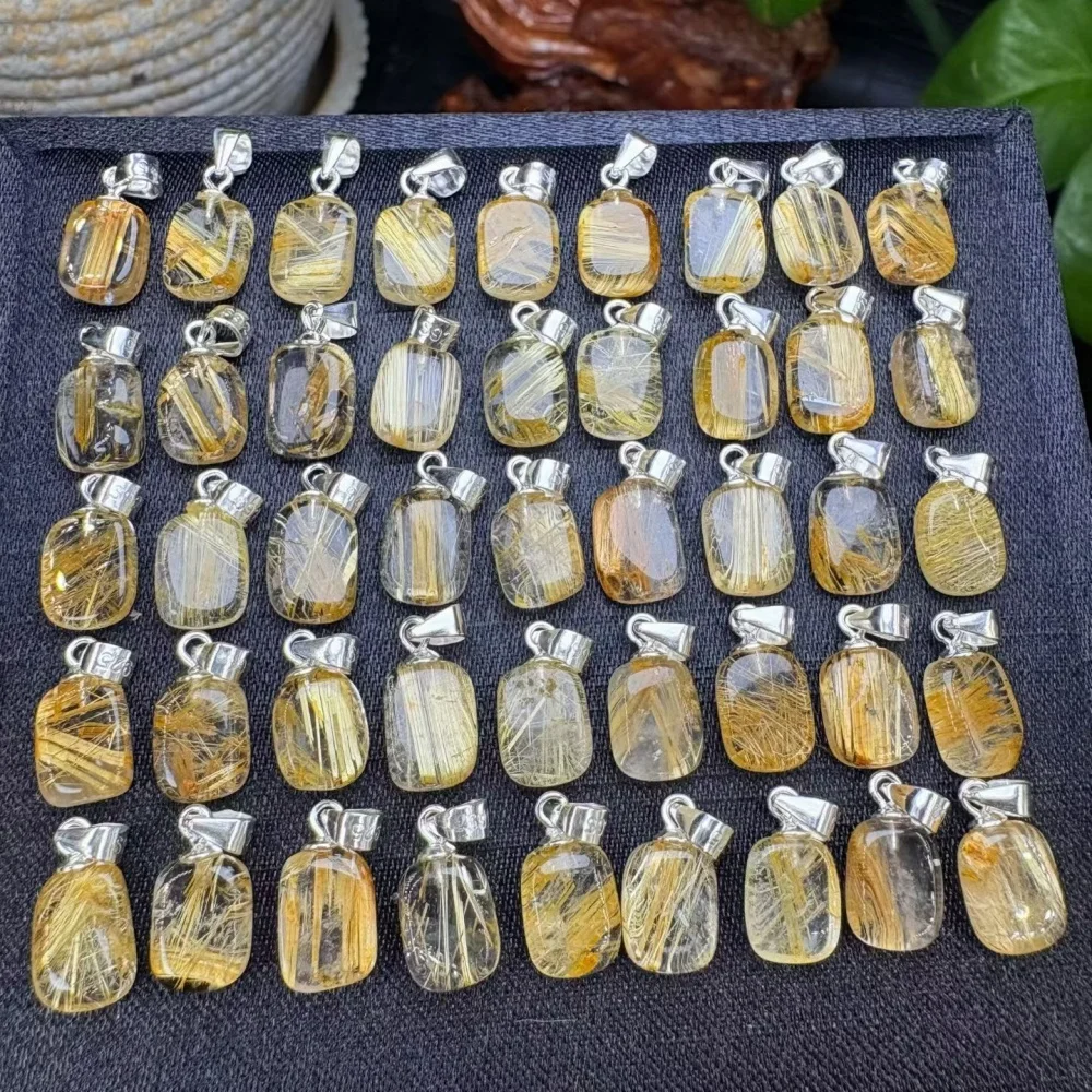 10mm Natural Golden Rutilated Quartz Rectangle Pendant Silver Bail Golden Hair Crystal Necklace Charm Wholesale Gemstone