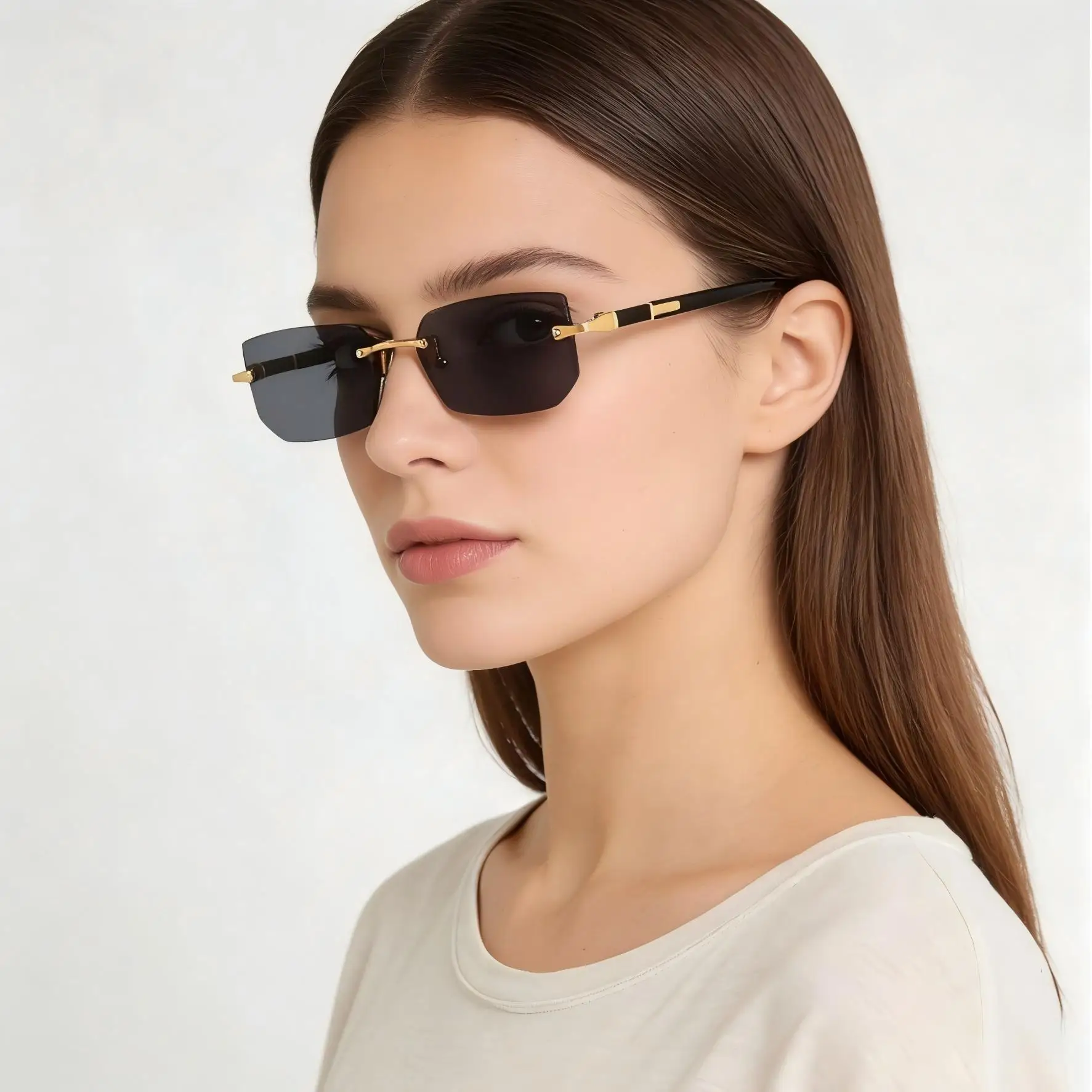 GLAZZY Edelstahl PC Zweifarbige Randlose Rechteckige Sonnenbrille Neutraler UV-Schutz Geschäfts- und Fahrbrille