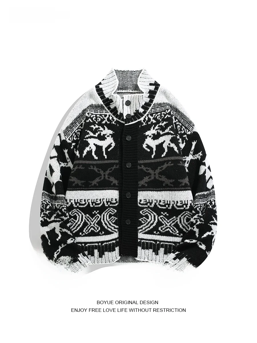 

Вязаный свитер BOYUE Fair Isle с воротником-стойкой на пуговицах, повседневная зимняя верхняя одежда для пар, теплая и слэ в одном паре