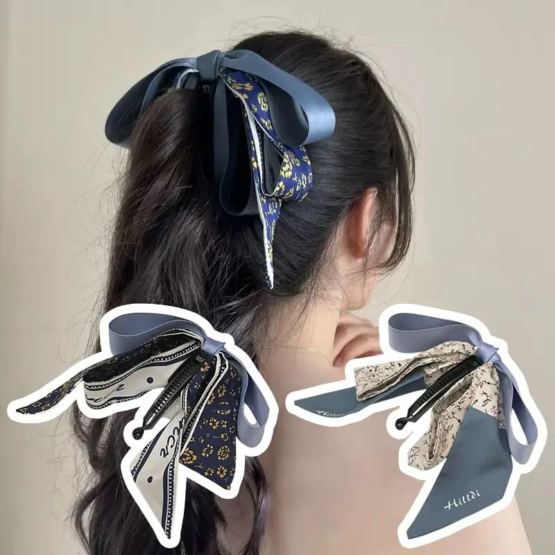 Silk Bow Banana Clip Women Elegant Ribbon Vertical Hair Clips Blue Hairpins New Fashion Headdress Hair Claw Headwear