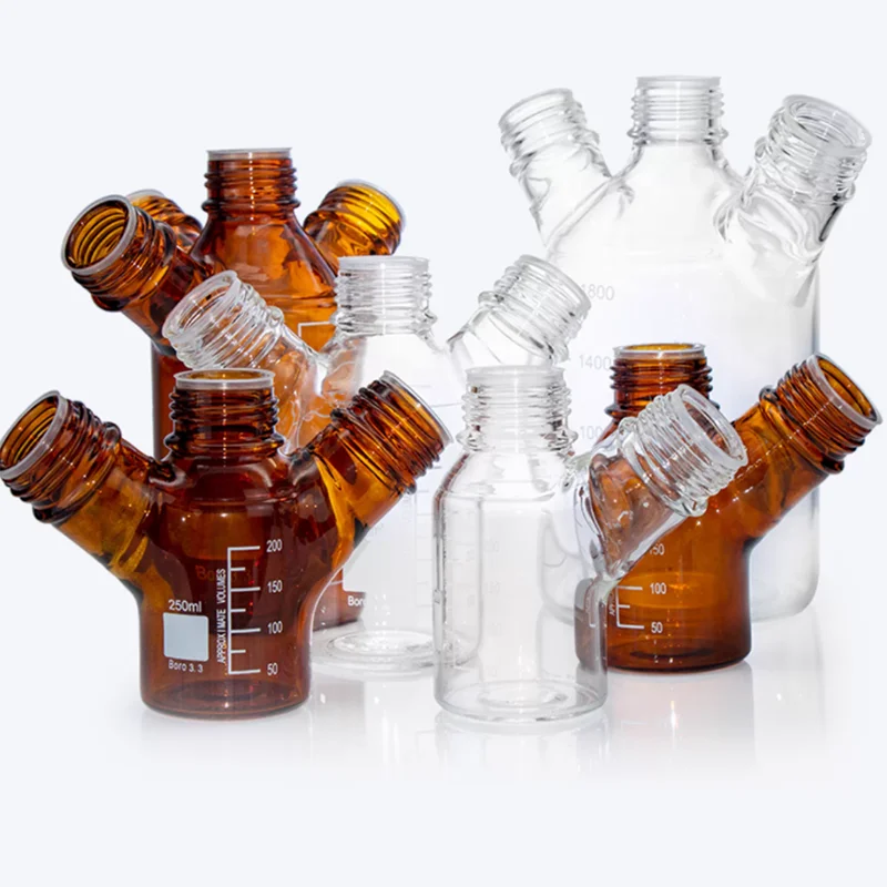 Two or three holes GL45 screw-top transparent mobile phase bottle chromatography solvent bottle blue cap reagent bottle