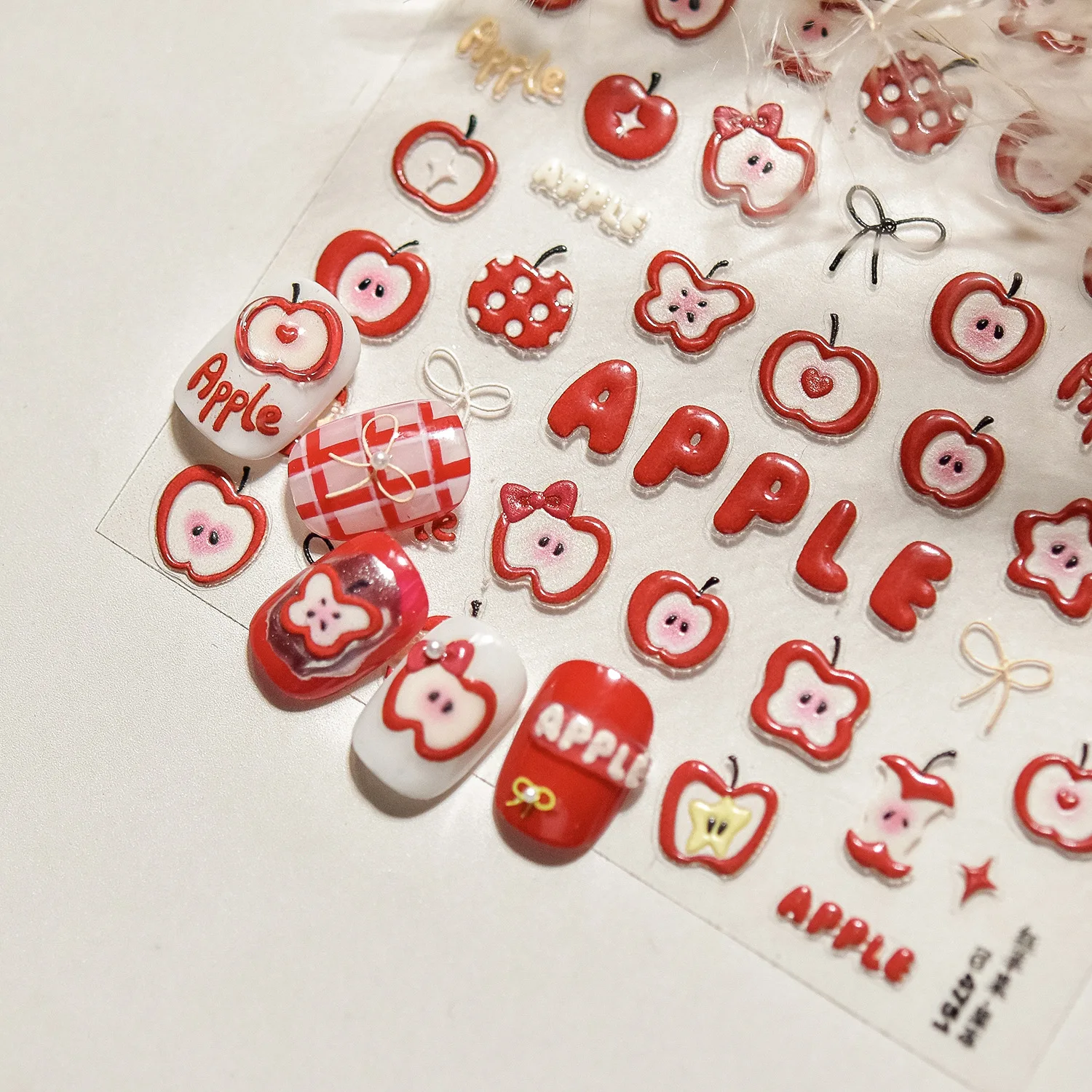 1Pcs Embossed Cute Fruit  Red Apple Nail Stickers  Self Adhesive Transfer Slider For Nails DIY Cute Nail Art Decorations Decals﻿