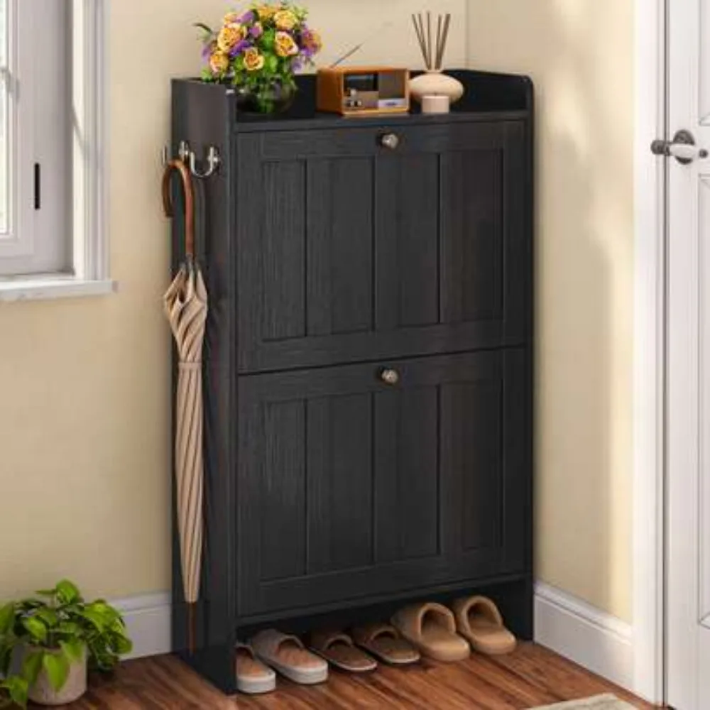 Shoe Cabinet With 2 Flip Drawers, Shoe Organizer Storage For Entryway, Freestanding Narrow Rack Cabinet With Space-Saving Design, For Hallway Closet Bedroom, Black view 2