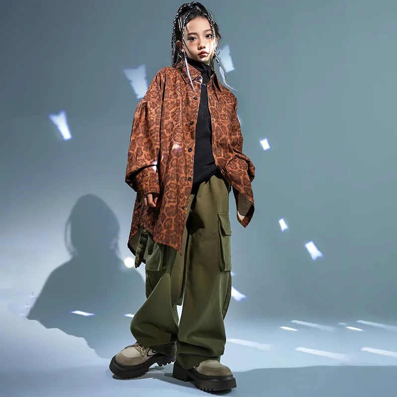 

Kid Hip Hop Clothing Corduroy Leopard Shirt Army Green Casual Pockets Wide Cargo Pants for Girl Boy Jazz Dance Costume Clothes