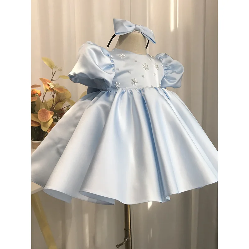 High-End Elegant Blue Satin Princess Dress Puffy Dress Evening Gown Baby First Birthday Dress Girl Birthday Photoshoot Summer