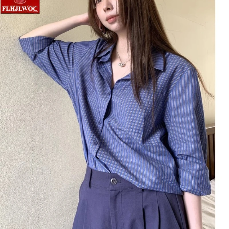 

Chic Korea Cute Sweet Girls Striped Boyfriend Shirts Blouses Women Japan Preppy Style Single-Breasted Button Retro Cotton Tops