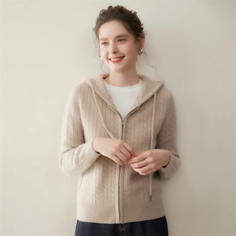 Women Cashmere Sweater Twist Flower Zippers Hooded Classic Cardigan Autumn Winter 100% Cashmere Knitwear Thicken Drawstring Tops