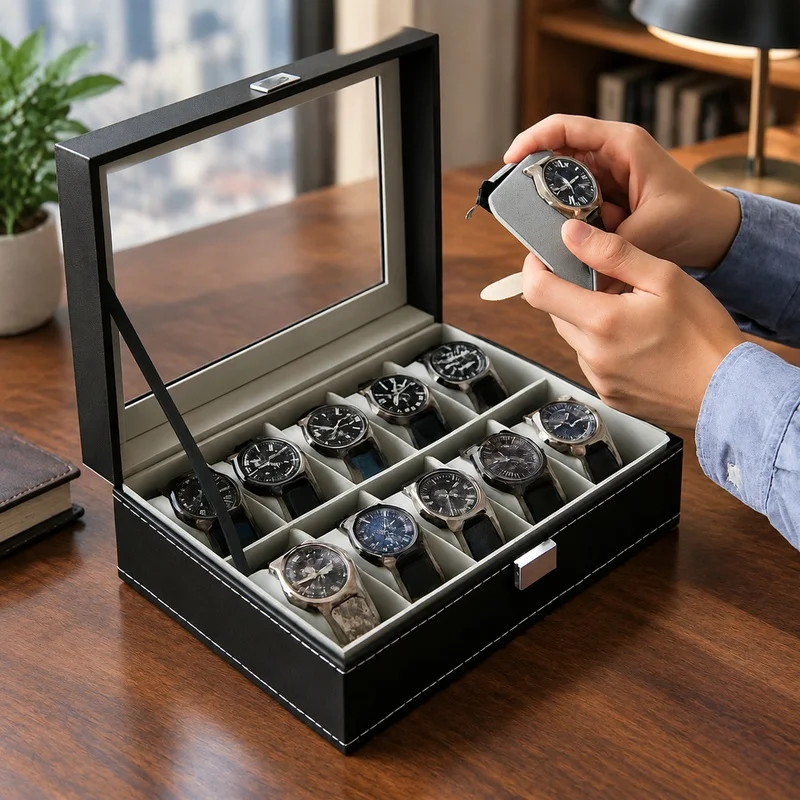 Men's PU Leather Display Box with Glass Lid, Multi-Compartment Organizer for Watches and Jewelry Storage
