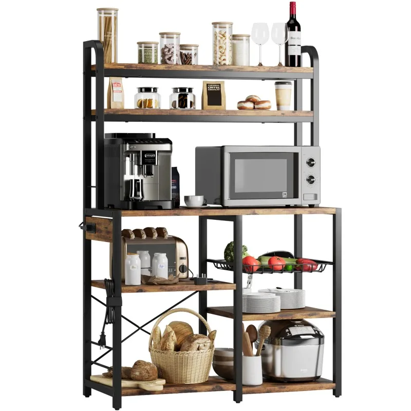 Bakers Rack with Power Outlet, Coffee Bar with Wire Drawer, Industrial Microwave Stand, Kitchen Buffet Table 6-Tier Storage