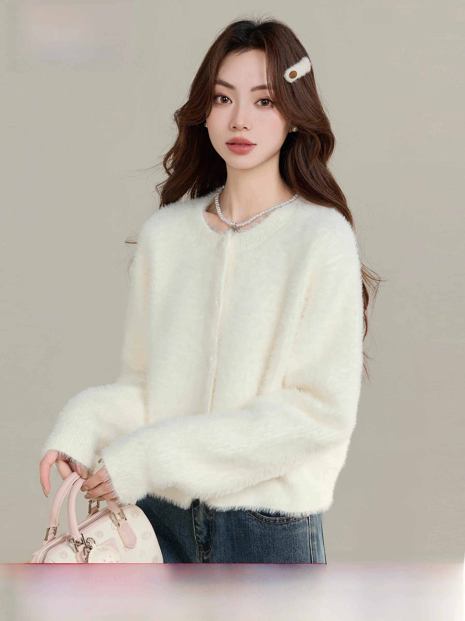 

Soft ort Women's Cardigan Sweater Lingjou Late Wind Embroidery Mink Fur Winter Warm Cozy Small Size Knitted Top