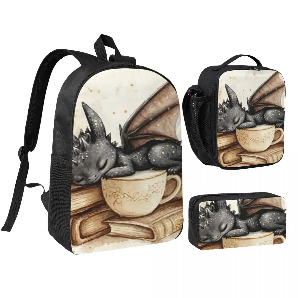 Adorable Dragon Sleeping On The Books Backpack Boys Girls BookBag School Bag Shoulder Bags 3ps Insulated Lunch Bag Pencil Case