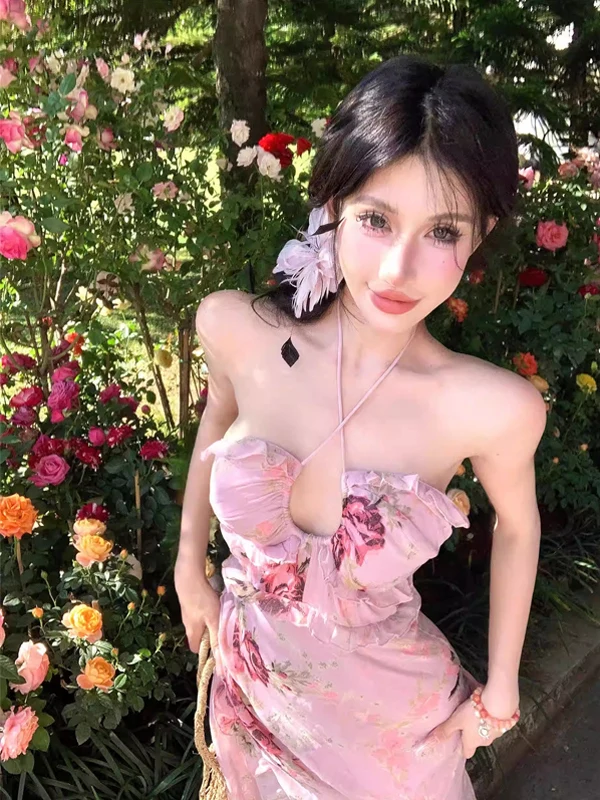 

Summer Sexy Pure Desire Fairy Skirt Women's Strapl Ne Hanging Floral Lace Trim Dr French Sle Printed A-Line Gown