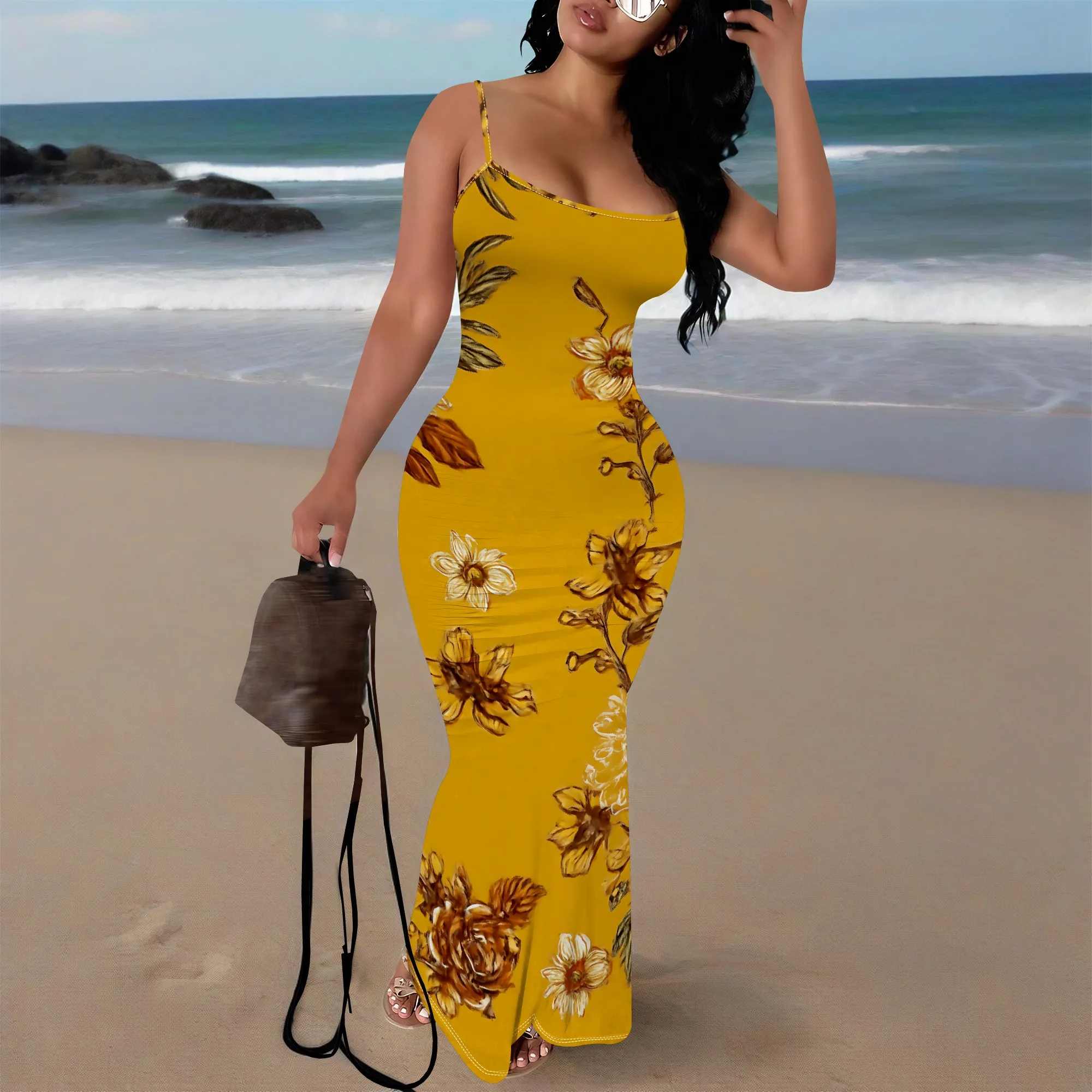 

Yellow Floral Print Bodycon Maxi Dress XS-3XL Spaghetti Strap Slim Fit Style for Summer Vacation, Garden Party or Afro Festival