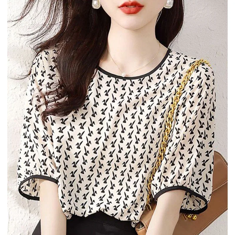 Summer Printing Loose Blouse Women High Quality Short Sleeve O-collar Casual All-match Temperament Lady Pullover Chiffon Shirt