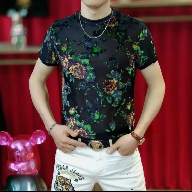 Trends Casual Floral T Shirt For Men Flocking Short Sleeve Velvet Summer Quality Hollow Out Breathable Elastic Fashion Camisetas