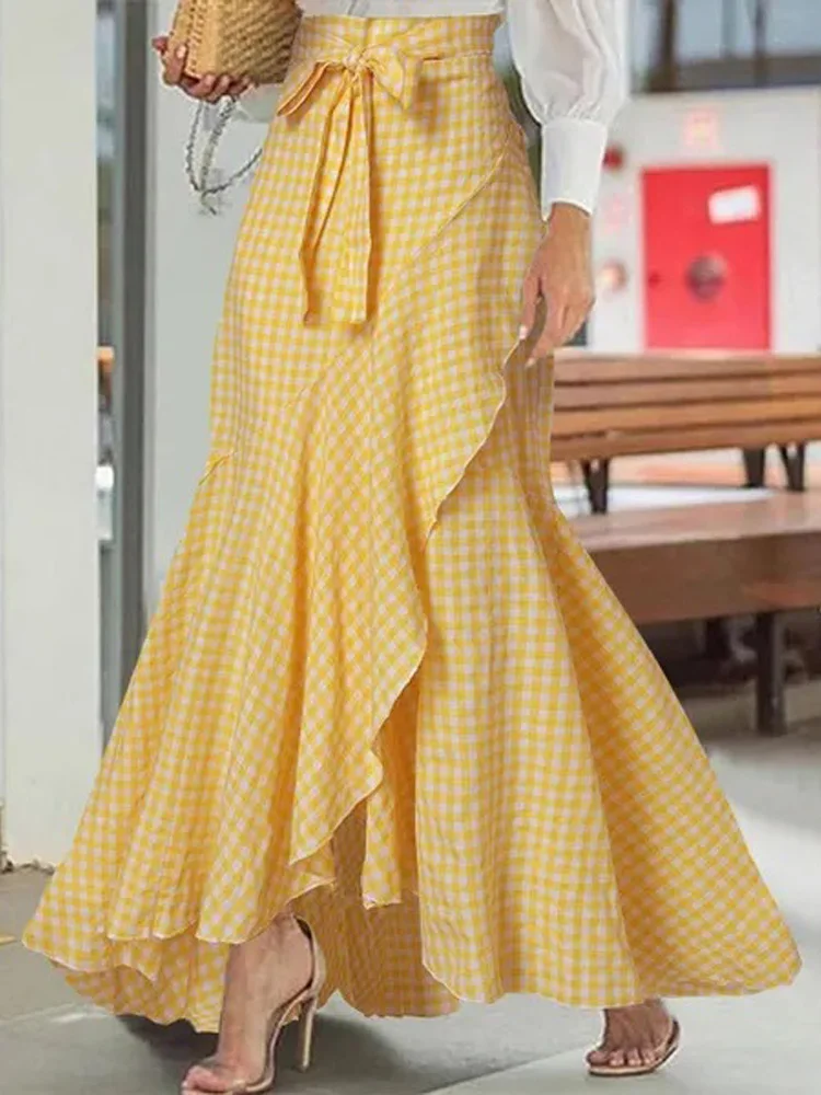 Vintage Plaid Mermaid Maxi Skirt 2026 Summer Fashion High Waist Tie Bow Ruffled Layered Asymmetrical Flowy Long Skirts for Women