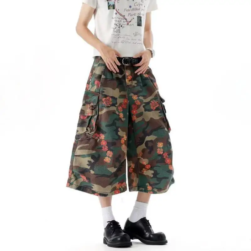 LUZHEN 2026 Summer New Colorful Camouflage Printed Loose Straight Cropped Trousers Men Trendy Multi Pockets Casual Pants JY7424