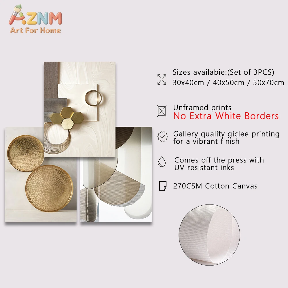 3pcs AZNM Modern Light Luxury Gold Geometric Circular Canvas Wall Art, Minimalist Beige Marble Texture Abstract Line Poster, Hig