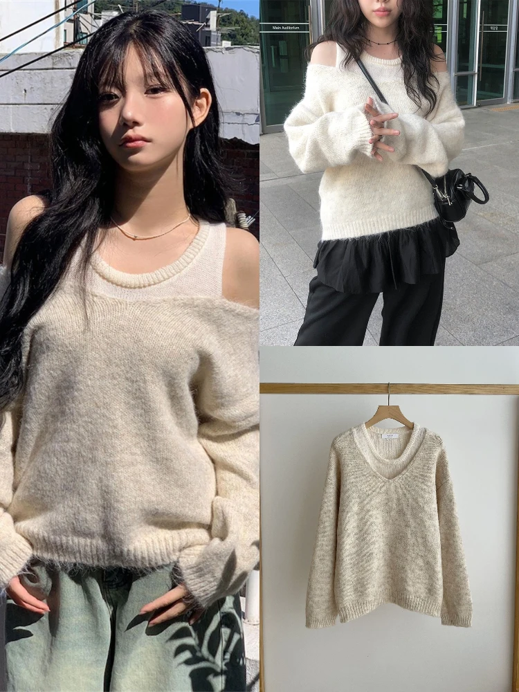 

Свободный женский комплект свитера V-Ne East Entrance, двухслойный шерстяной топ и жилет с длинными очками и жилетом, комплект из двух предметов