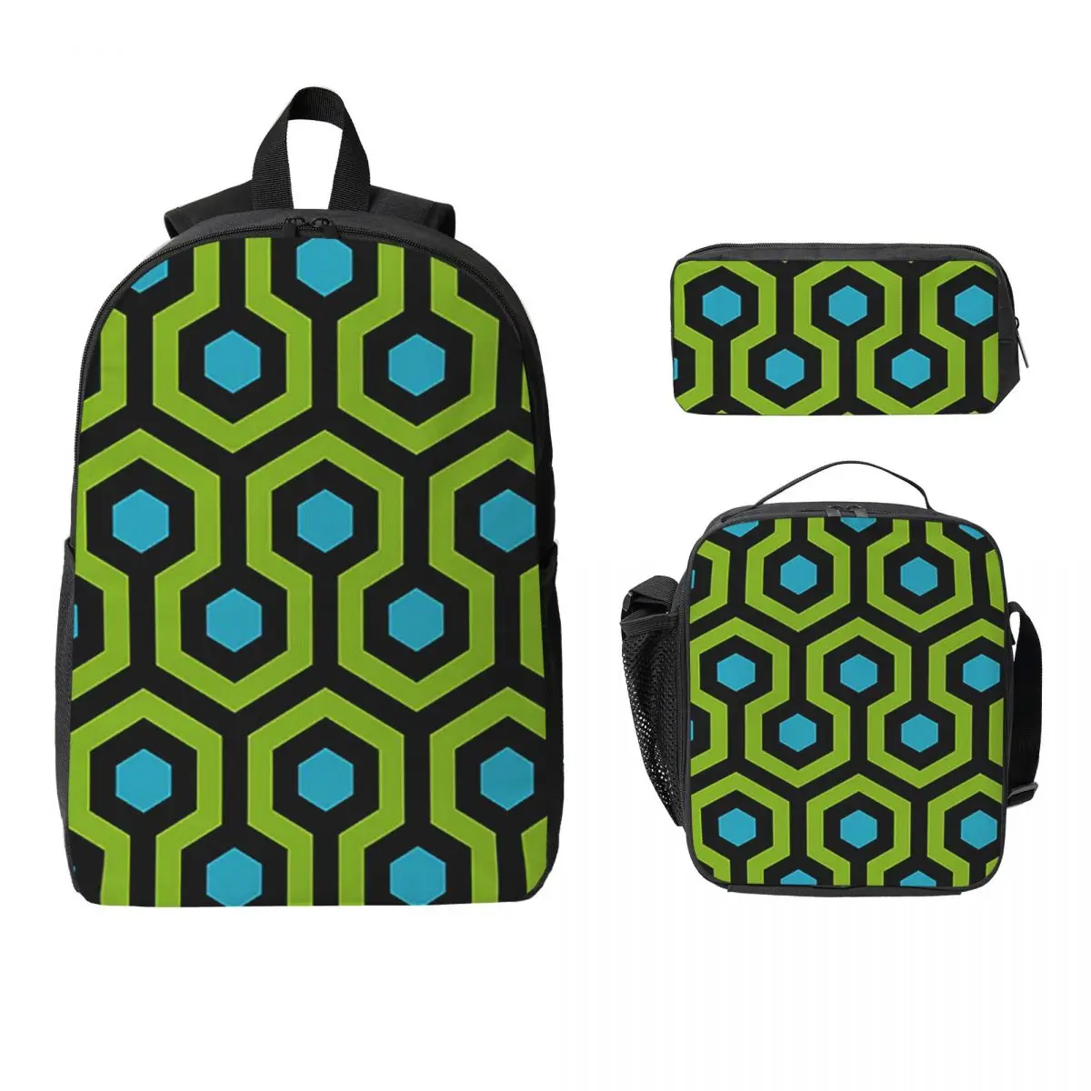 

Geometric Pattern Looped Hexagons GreenBlue Backpack Student Boys Girls BookBag School Bag 3ps Insulated Lunch Bag Pencil Case