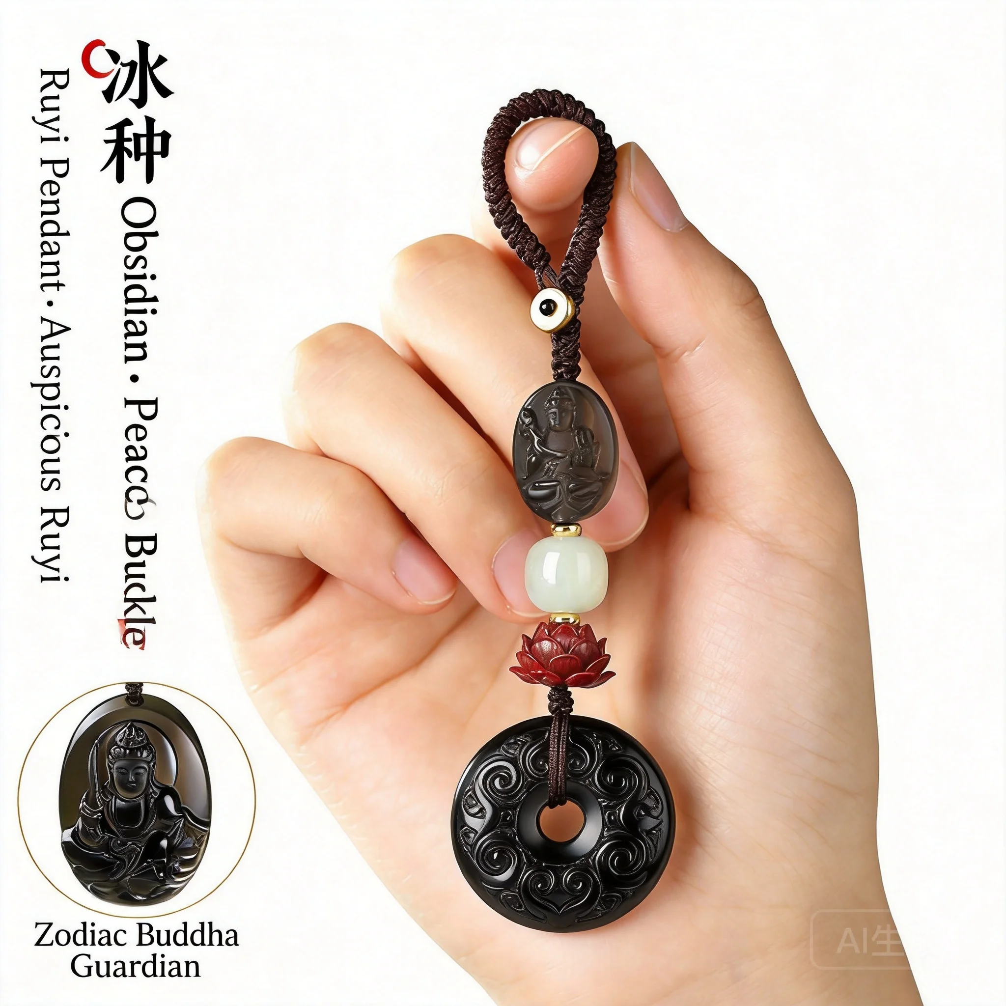 

Icy Obsidian Peace Buckle Car Key Chain Chinese Style Lucky Buddha Pendant For Men Women Blessing Good Luck Wealth Amulet Horse