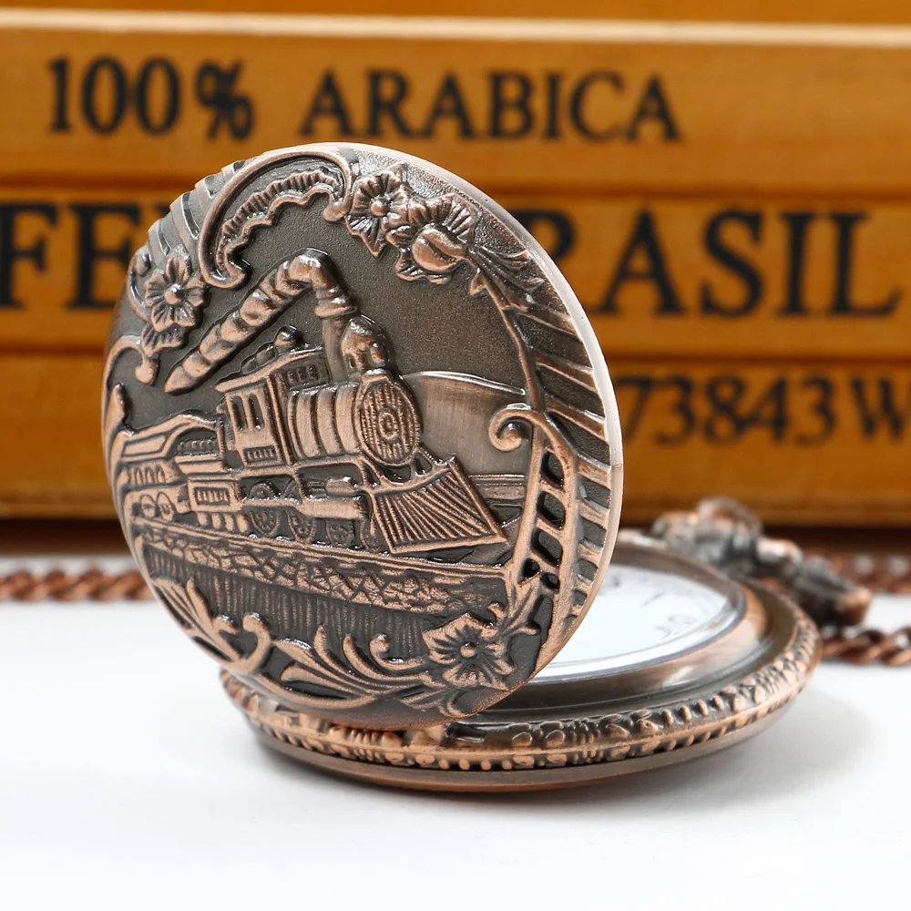 Antique Red/Brown/Silver Train Locomotive Engine Quartz Pocket Watch for Men Women Necklace Chain Clock Best Gifts Dropshipping