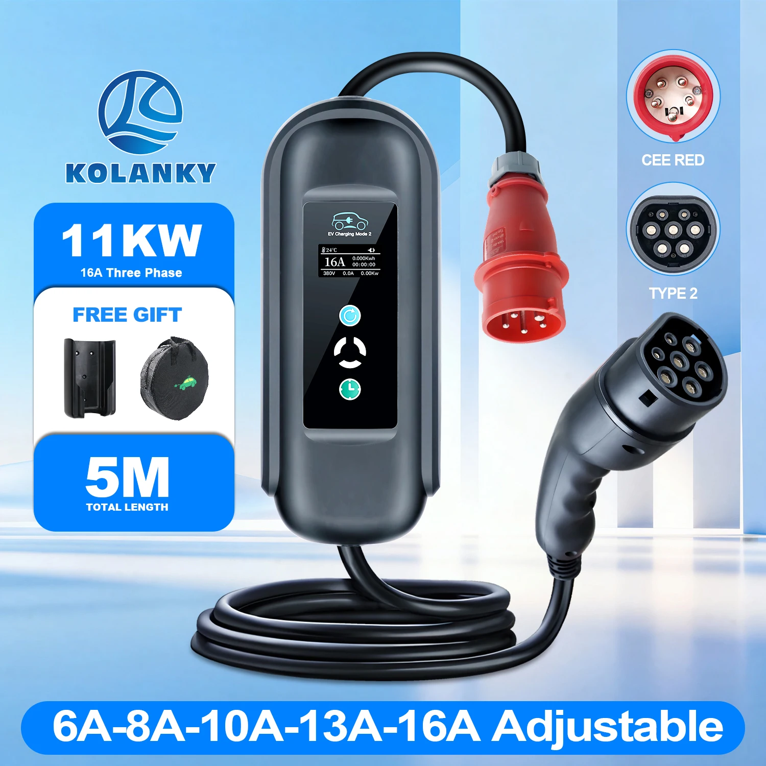 Type 2 Portable Ev Charger 11Kw Cee - Kolanky Type2 11KW Draagbare EV-lader 16A