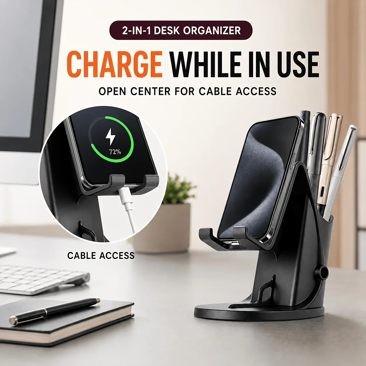 Desktop Pen Holder with Phone Stand, Multifunctional Desk Organizer, Open-Top Pencil Cup with Bottom Charging Cable Access