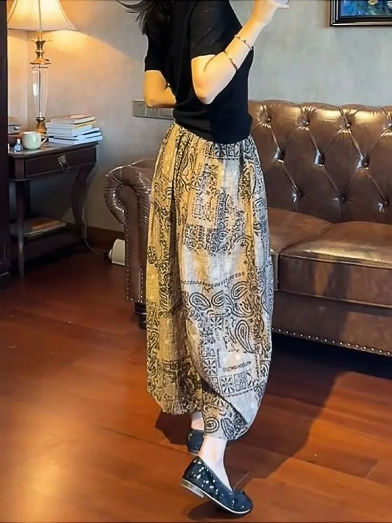 2025 ฤดูร้อนใหม่ Retro พิมพ์กางเกงบางผู้หญิงเอวสูงสบายๆกางเกงอเนกประสงค์แฟชั่นหลวมกางเกงขากว้าง