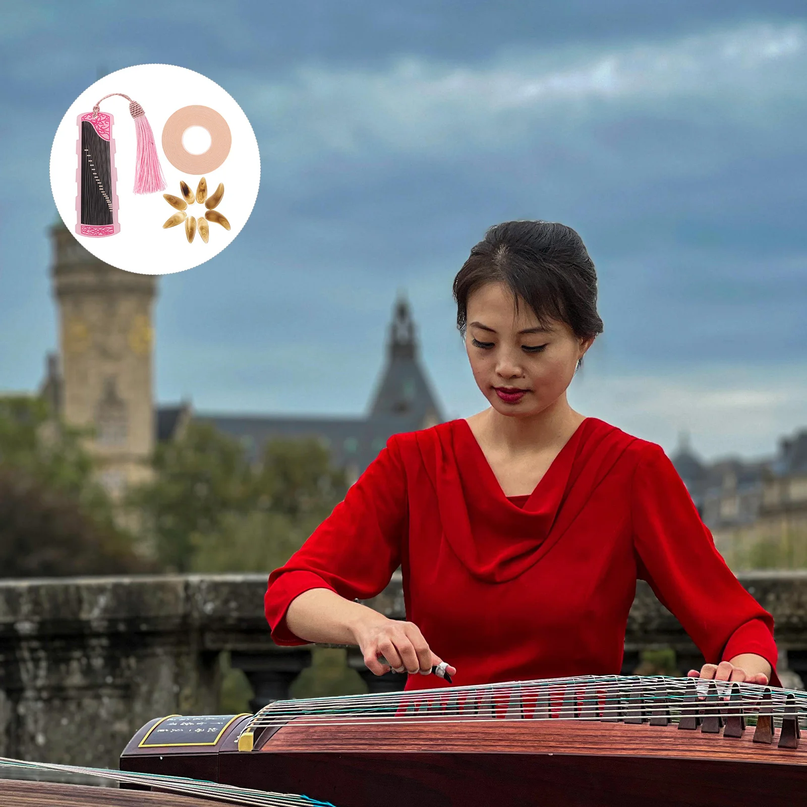 

1 set 1 Set Guzheng Finger Resin Nail Picks Kit Storage Board Natural Color Adhesive Tape Replacement Easy Use String Instrument