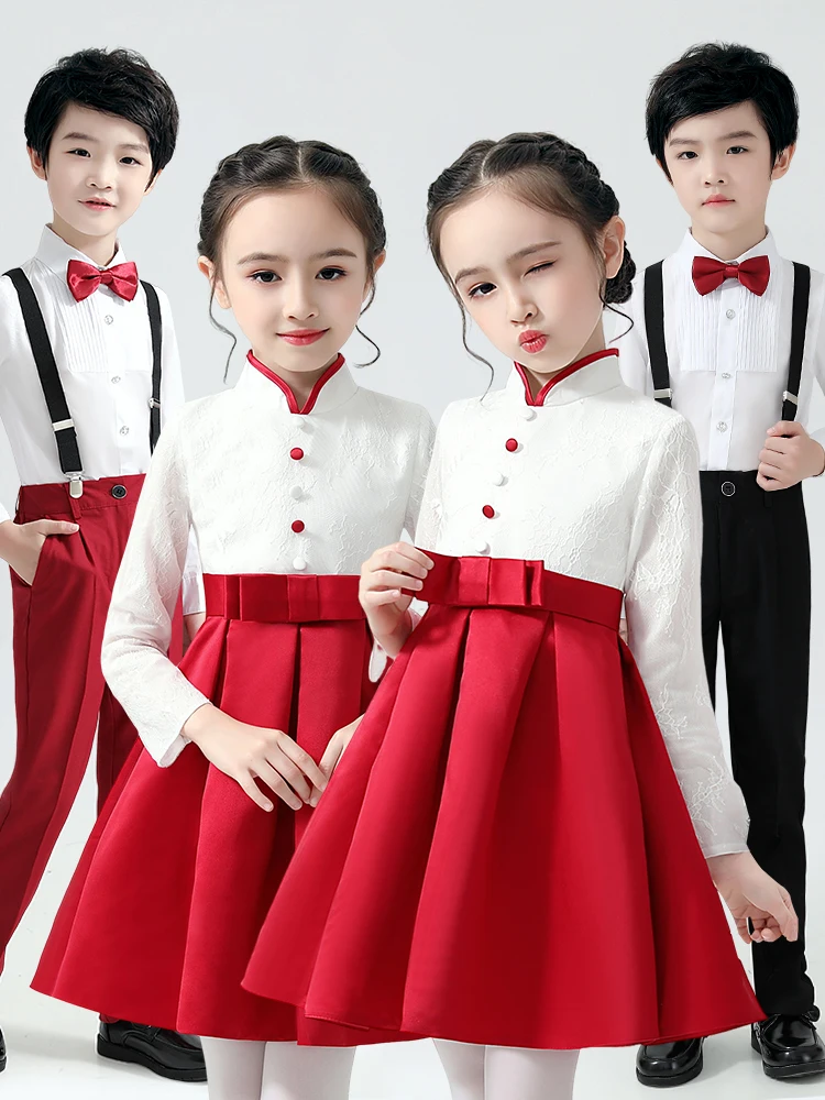 

Red Performance Costume Nationalistic Poem Children's Chorus Outfit Primary School Student Speech Competition Song Ceremony