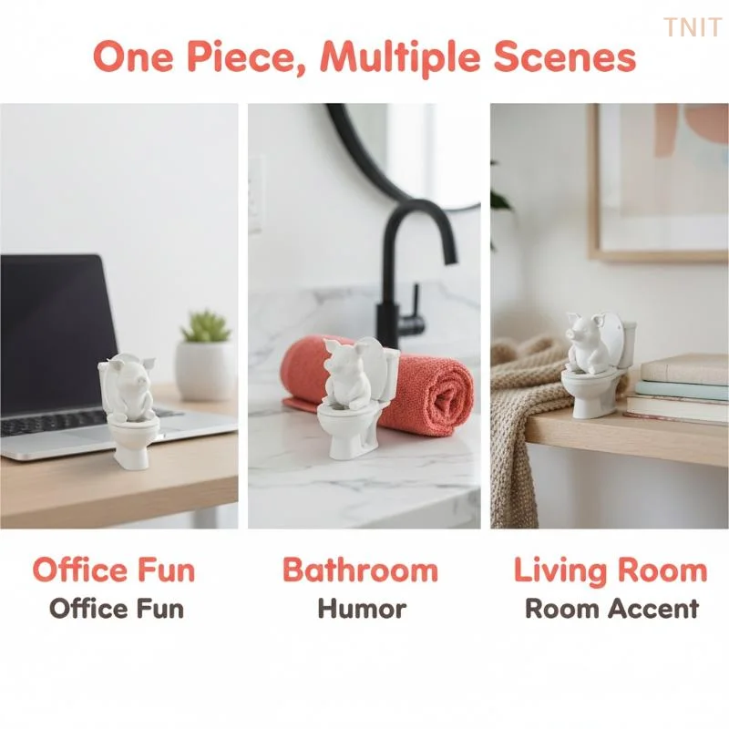 [J] Creativity 3D Printing Fun Little Pig Sitting On Toilet Statue Table Home Office Desk Decoration