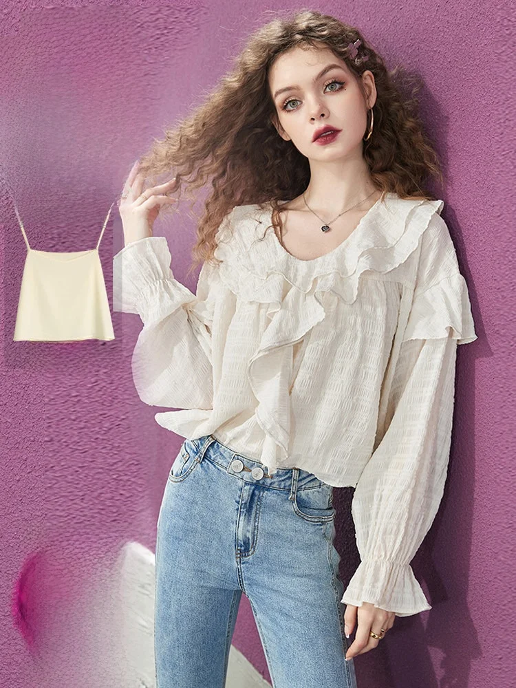 

French Holiday Floral Cutout White Chiffon Top Women's Spring Autumn Casual Loose Sve Long round Ne Two-Piece Set Inner ...