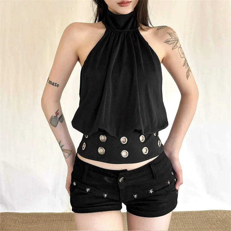 2026 New Vintage Dark Gothic Black Off Shoulder Crop Tops Y2K Retro Chic Sexy Backless Halter Tank Tees Women's Streetwear Vest
