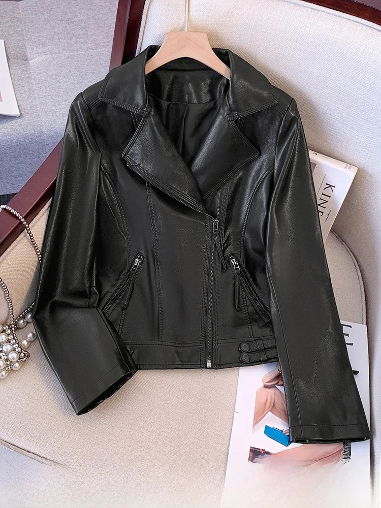 

Женская модная корейская кожаная куртка Slim Fit из овчины, осенняя новинка, укороченная, с поясом на талии