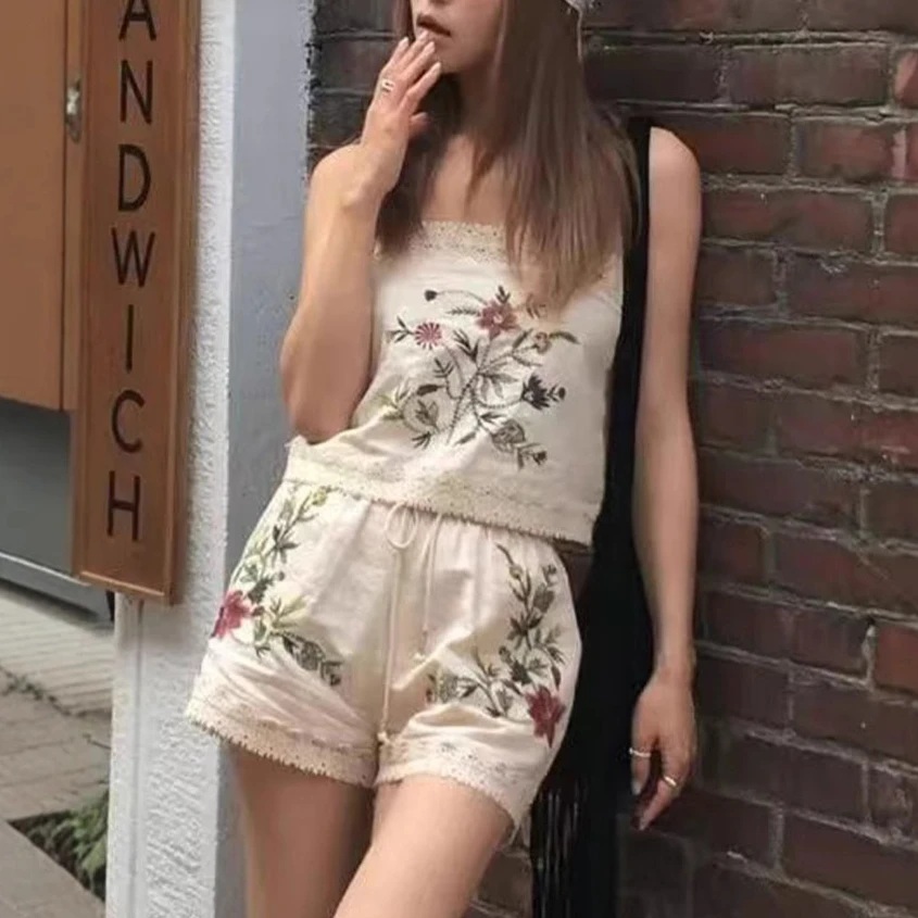 Boho Beach Summer Women's Short Sets Strap Top Cotton Linen Ethnic Floral Embroidery Elastic Waist Loose Casual Shorts Suit