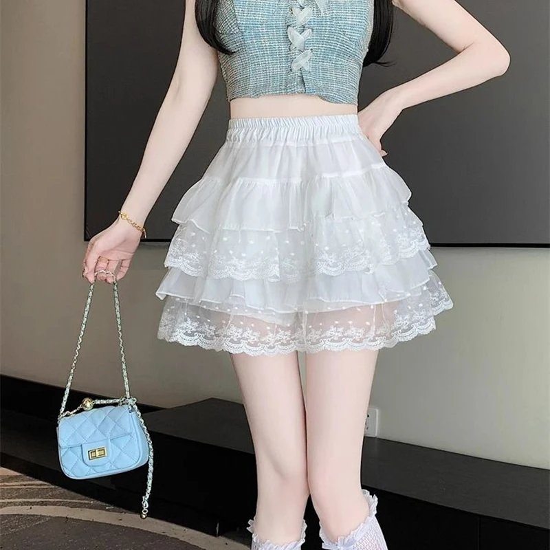 Lace Patchwork Women Mini Skirts Y2K High Waist Kawaii Preppy A Line Skirts Summer Sweet Ruffles All Match Ladies Dance Skirts