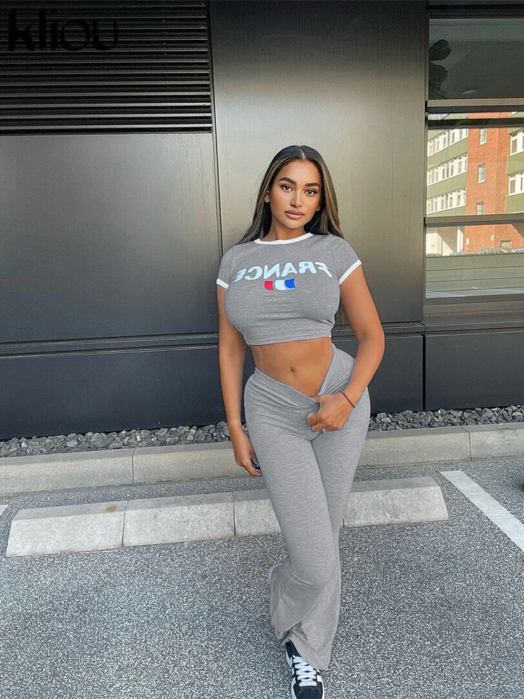 kliou Casual Women 2 Piece Set New Classic Letter Print O-neck Tees+Solid Flare Pants Female New Matching Basic Street Outfits