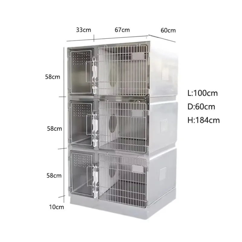 Veterinary 304 Stainless Steel Cat Cage 3-Level Construction with Isolated Toilet Area for Veterinary  Clinic Animal Hospital