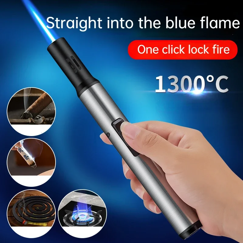 New Long Straight-through Spray Gun Blue Flame Lighter Metal Windproof Cigar Welding Spray Gun Outdoor Camping Tool