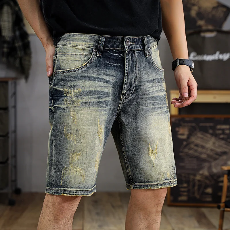 Retro Gewassen Denim Shorts Heren Zomer 2024 Nieuw Modemerk Instagram Kat Oude Kleur Stretch Motorbroek