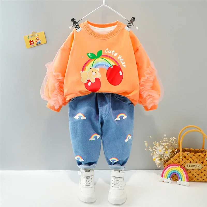 Baby Girls Clothing Sets Spring Autumn Kids Cartoon Lace Pullover Sweatshirt Jeans Children Sportswear Infant Clothes Outfit