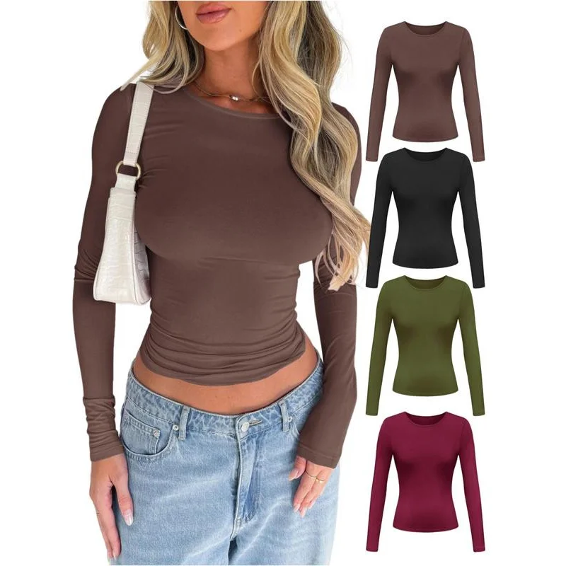 Women's Solid Color Simple Minimalist Long Sleeve Round Ne Tee, Casual Crew Ne T-Shirt for Spring & Fall, Ba-to-School Clothing,