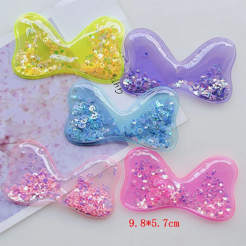 10pcs/lot  PVC Quicksand Bow with Glitter Transparent Bling bling Flowing Patches Appliques for DIY Children Clip Accessories