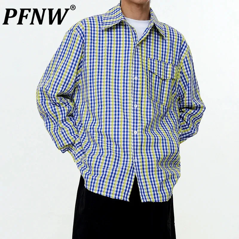 PFNW Blue Yellow Plaid Colorblock Spliced Design Long Sleeve Men's Shit Loose Casual Single Breasted Tops Spring New 12C2233