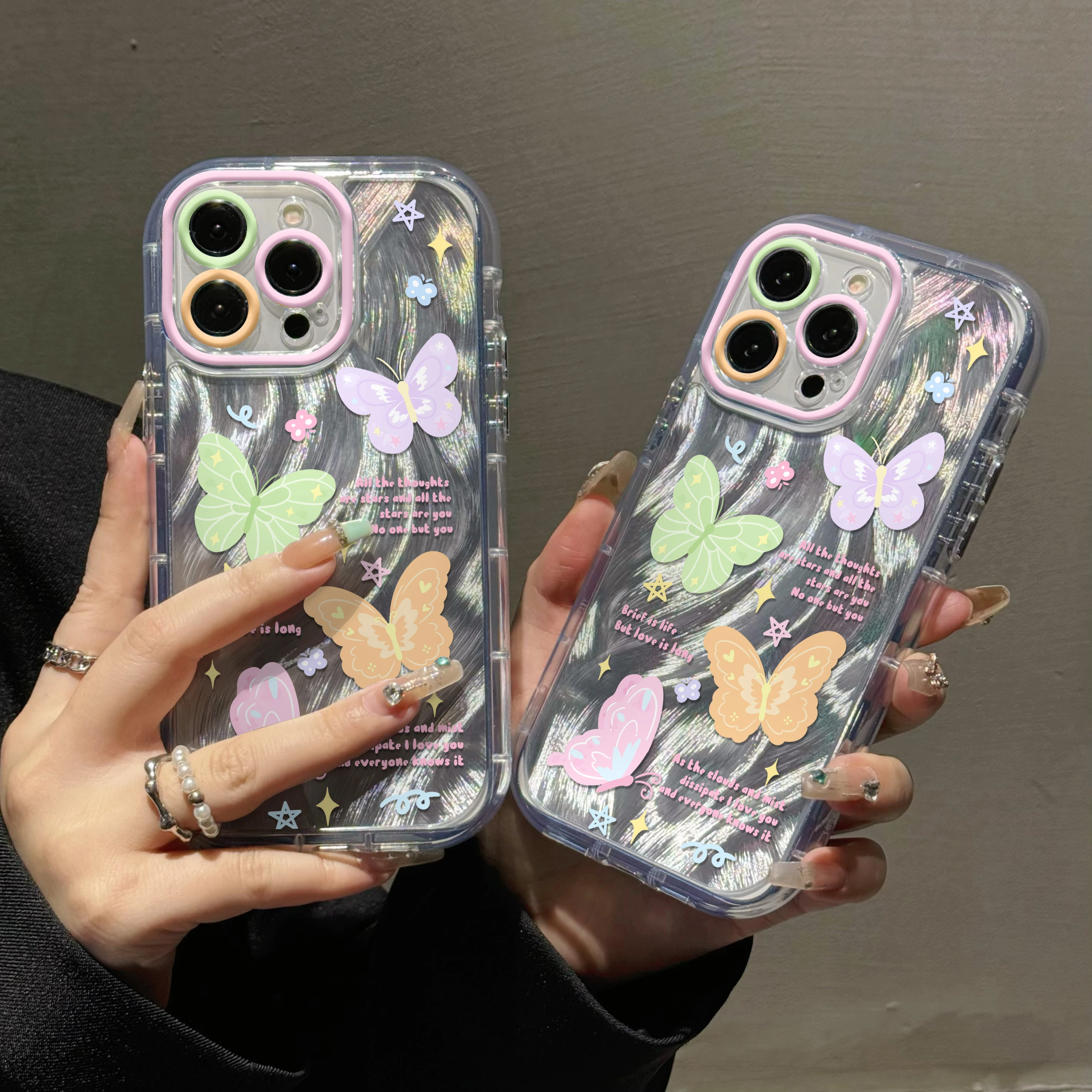 Coque de téléphone romantique Y2K Papillon, fond gris scintillant avec texte poème étoilé, coque transparente pour toutes les séries iPhone 7-17