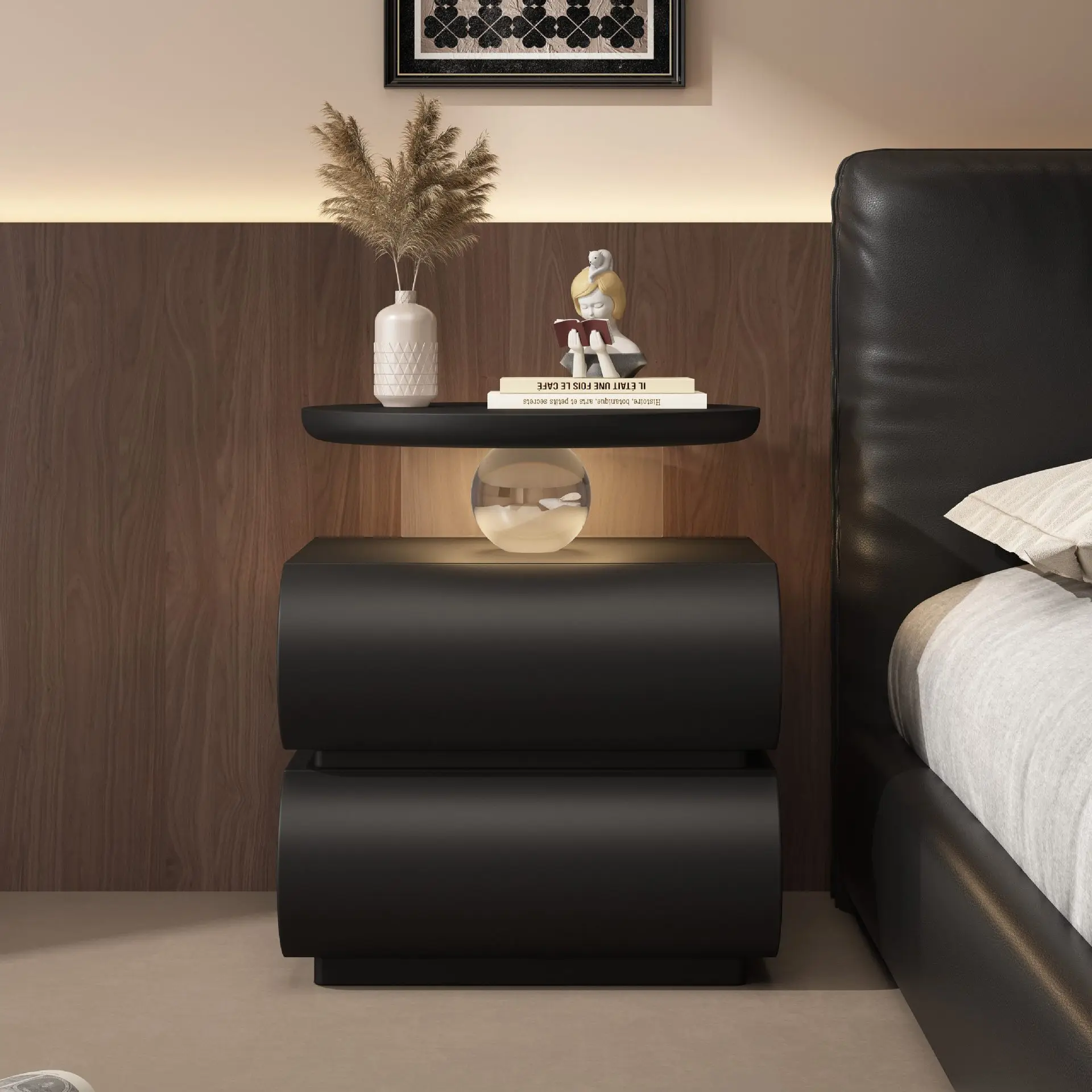 Solid wood bedside table, acrylic crystal ball sensor light, niche design for bedrooms
